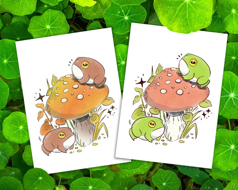 Mushroom Froggies - 5x7" Digital Frog + Mushroom Art Prints