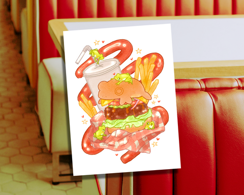 Burger Frogs - 5x7" Digital Watercolour Style Frog Art Print