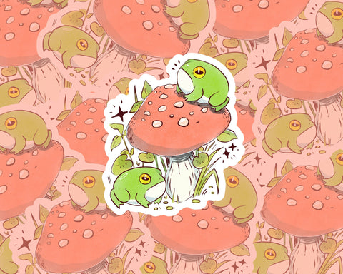 Spring Mushroom Froggies 3" Matte Die-Cut Vinyl Sticker