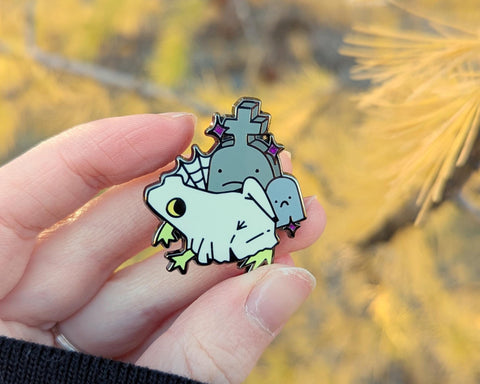Graveyard Ghostie - Halloweenies Frog Enamel Pin with Glitter