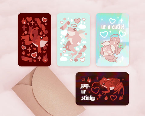 2023 Froggy Valentines Cards "I could be your angle or your devil" Set of Four, Premium soft touch matte finish