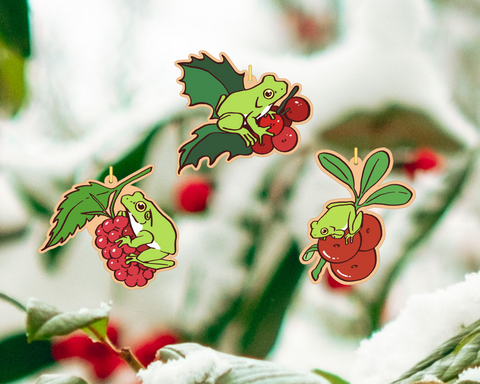 Holiday Berry Frog 2.5" Wooden Ornament Set of 3